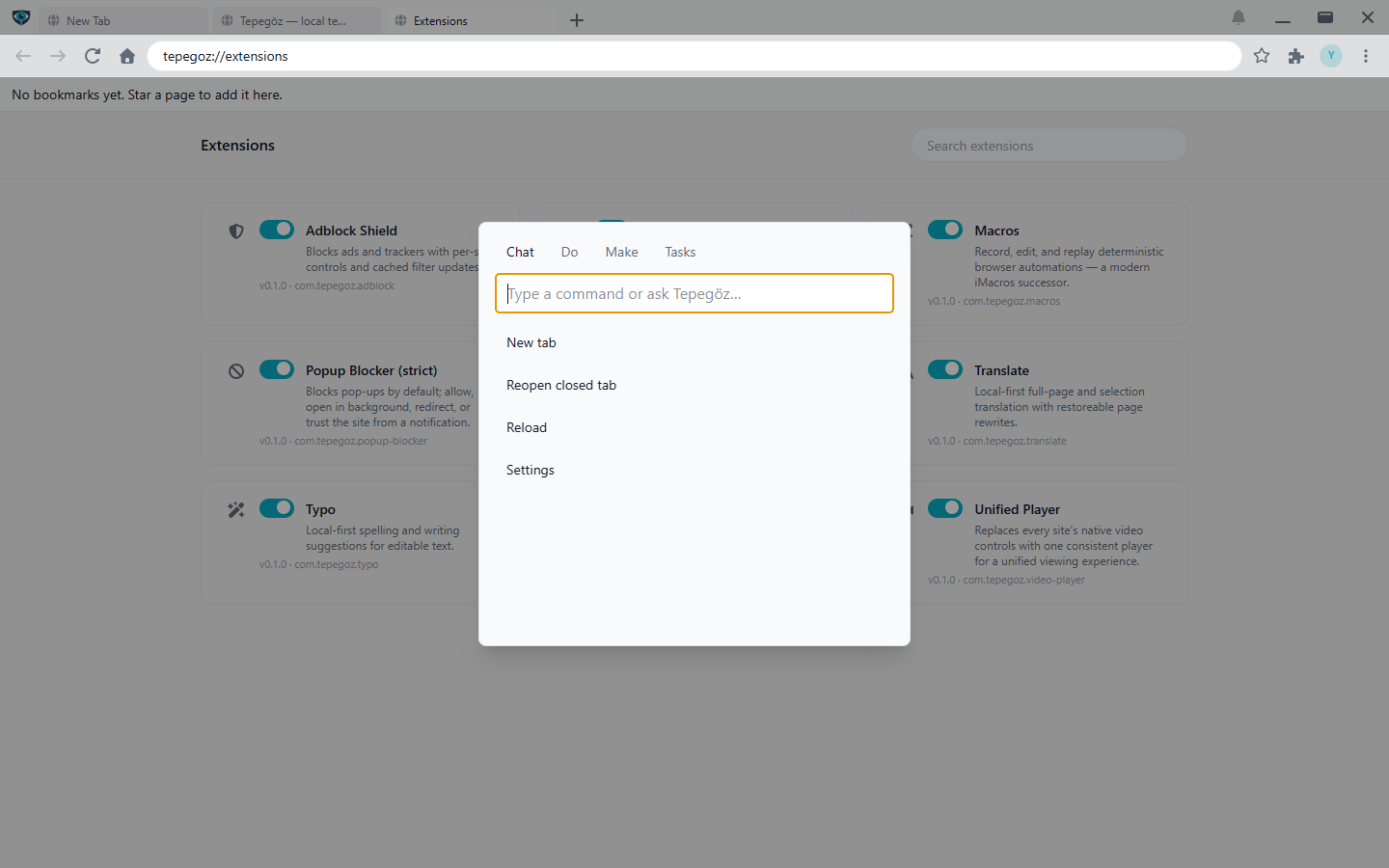 The command palette open over a page, with Chat, Do, Make and Tasks tabs and a command input.